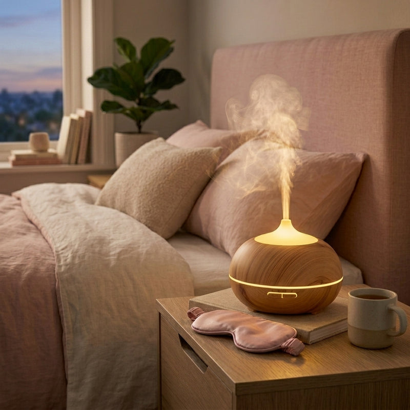 Natural oak wood droplet humidifier diffusing cool mist next to a book and a tea cup in a cozy bedroom - Clerina