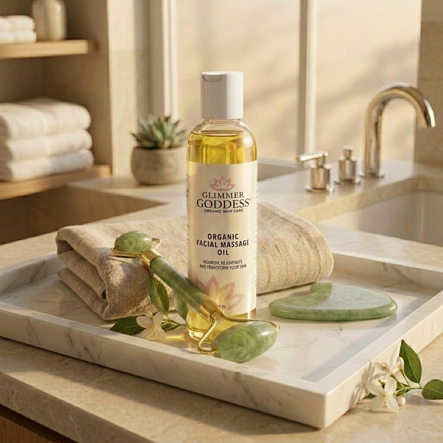 Clerina Facial Glow Bundle containing Organic Oil, Jade Roller and Gua Sha Stone on marble tray