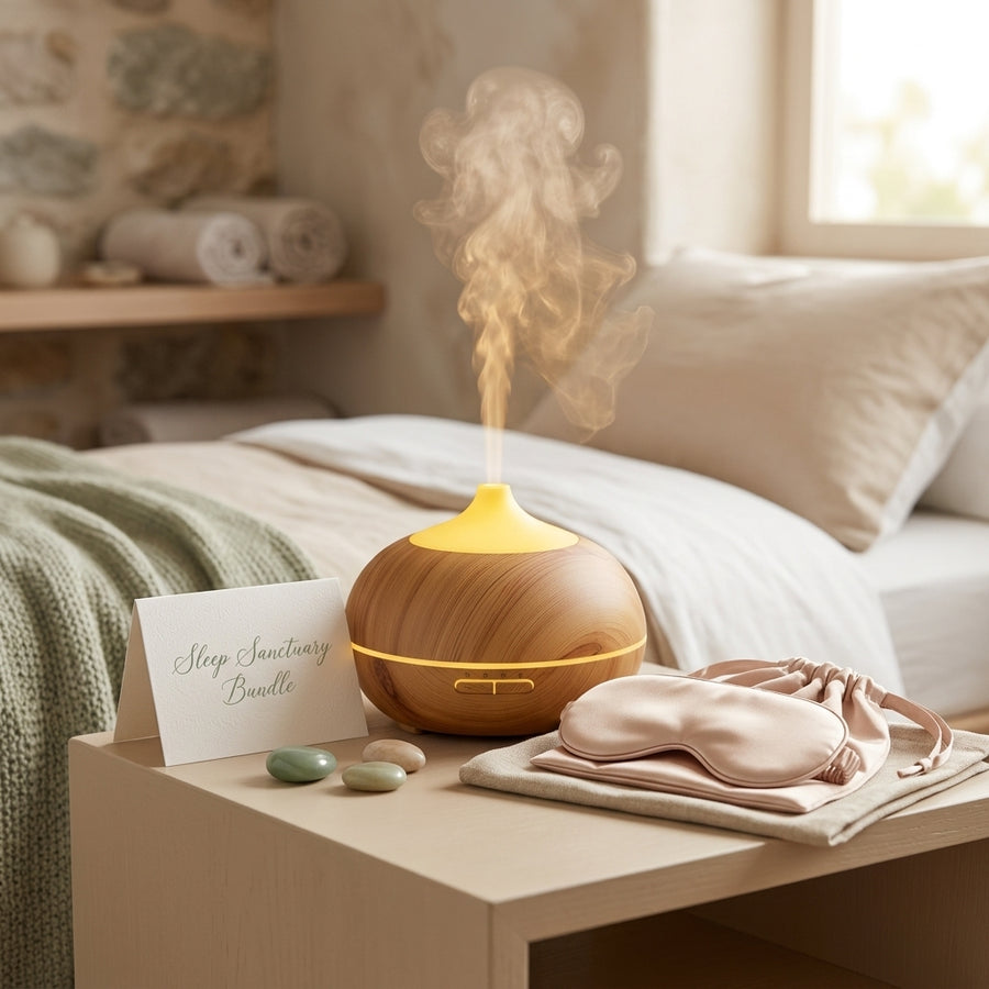 Oak Wood Humidifier & Silk Sleep Mask Set - Sleep Gift Bundle