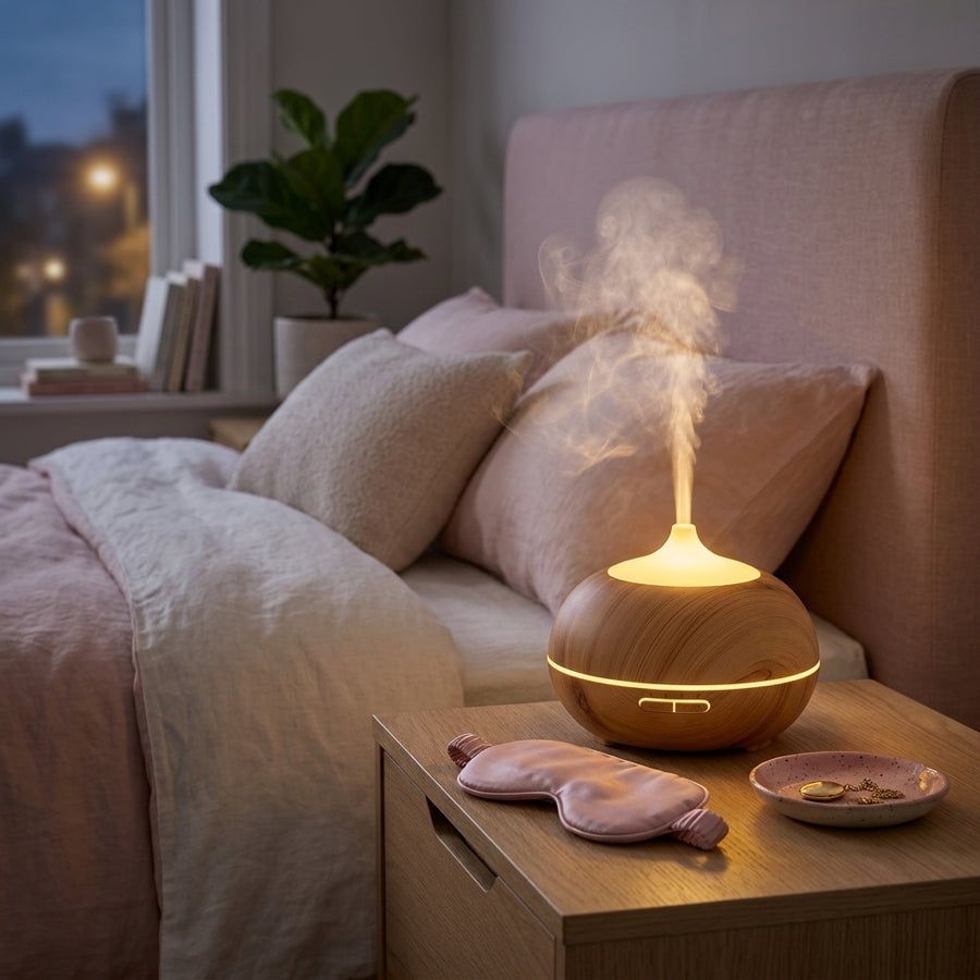 Natural Oak Wood Humidifier diffusing mist with warm ambient light next to folded pink silk sleep mask on nightstand in feminine bedroom