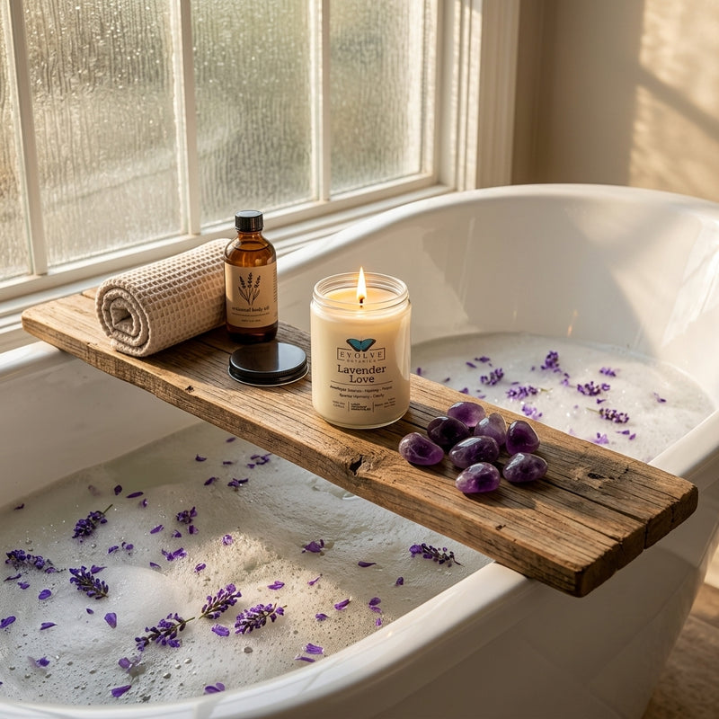 A lit Lavender Love Amethyst Crystal Soy Candle on a rustic wooden bath tray over a warm bath with lavender petals - Clerina sensory bath ritual