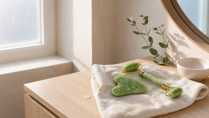 Green jade roller and Gua Sha stone on a damp cream cloth over a sunlit oak vanity - Clerina morning facial ritual