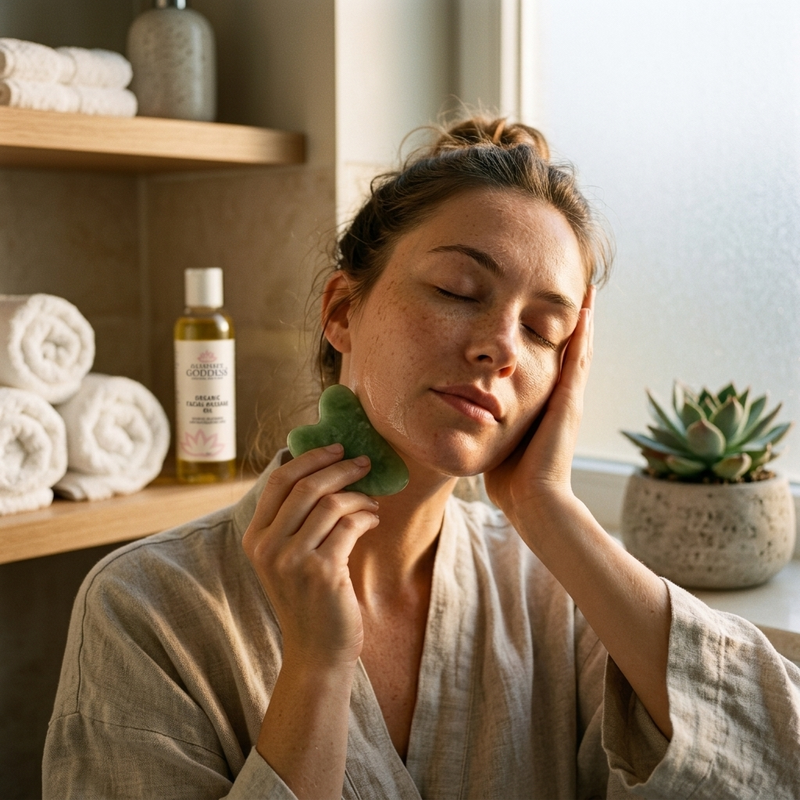 A woman gently using a jade gua sha stone along her jawline in warm golden light as part of a calming nighttime facial release ritual - Clerina facial glow