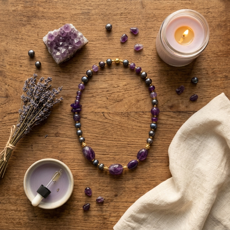 Overhead flat-lay of a purple amethyst chunky necklace arranged on a wooden surface surrounded by a lit lavender candle, dried lavender sprigs, and a cream linen cloth - Clerina crystal grounding ritual