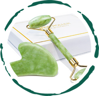 Detailed handcrafted green jade dual-sided facial roller for skin drainage