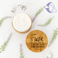 Fuze Organic Sleep Blend Body Butter jar showing whipped lavender calming cream