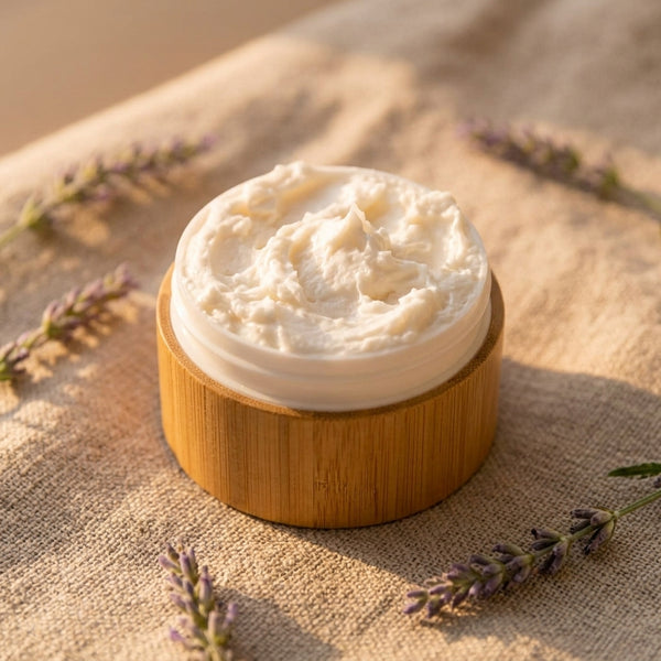 Fuze Organic Sleep Blend Whipped Body Butter open jar showing its fluffy texture - Clerina
