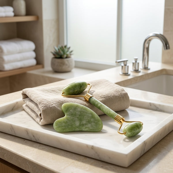 Natural Jade Roller and Gua Sha contoured stone in custom premium Clerina box