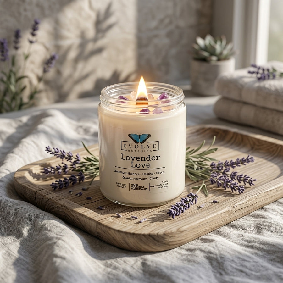 Lavender Love Amethyst Crystal Soy Candle in a stunning, ultra-premium home spa setting - Clerina