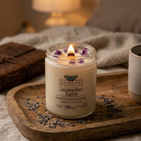 Lavender Love Amethyst Crystal Soy Candle in clear 9oz jar with correct crystal layout - Clerina