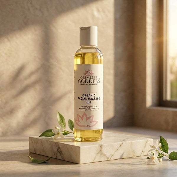 Premium Organic Facial Massage and Anti-Aging Oil bottle on cream marble vanity - Clerina