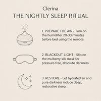 Infographic guide detailing step-by-step nightly sleep ritual using the oak wood humidifier and mulberry silk sleep mask