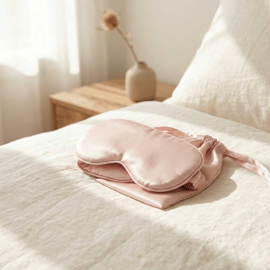 Mulberry Silk Sleep Mask Set with elegant storage pouch - Blush Pink Clean Edition - Clerina